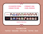Hedgehog Twitch emote pack preview displaying all 10 emotes with format and size information.