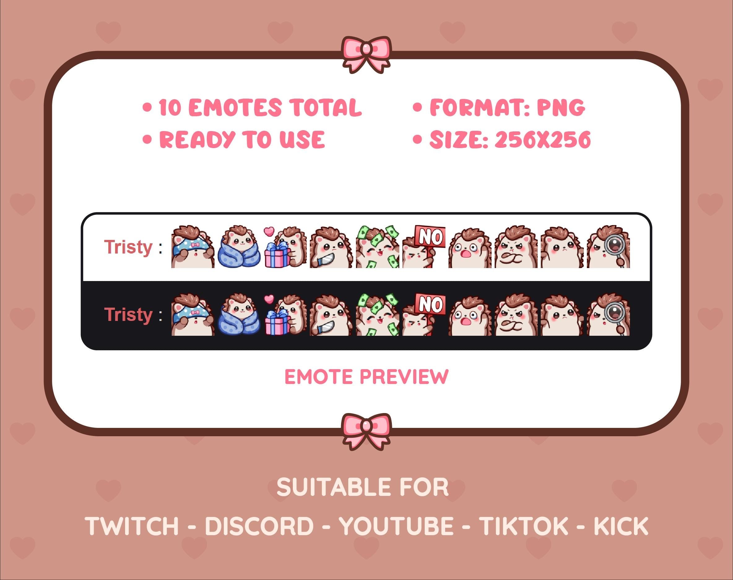 Hedgehog Twitch emote pack preview displaying all 10 emotes with format and size information.