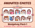 Hedgehog animated Twitch emote pack featuring 10 emotes including GG, angry, cry, and hype.