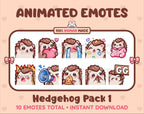 Hedgehog animated Twitch emote pack featuring 10 emotes including GG, angry, cry, and hype.