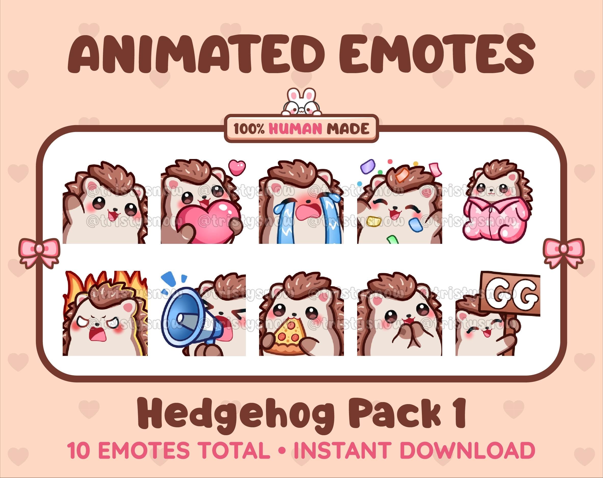 Hedgehog animated Twitch emote pack featuring 10 emotes including GG, angry, cry, and hype.
