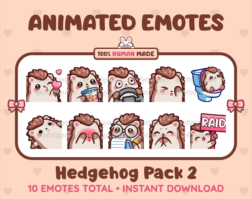 Hedgehog animated Twitch emote pack featuring 10 emotes including kiss, facepalm, shy, and raid.