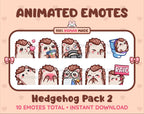 Hedgehog animated Twitch emote pack featuring 10 emotes including kiss, facepalm, shy, and raid.