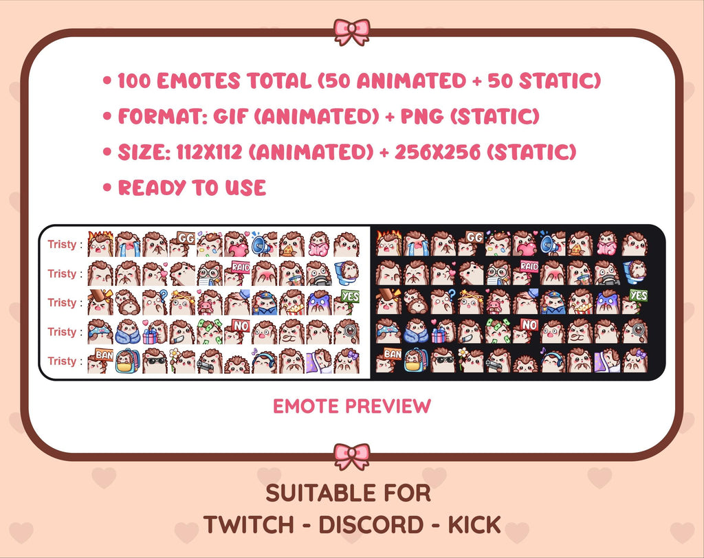 Hedgehog animated Twitch emote mega pack preview displaying all 50 emotes with format and size information.