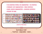 Hedgehog animated Twitch emote mega pack preview displaying all 50 emotes with format and size information.