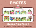 Frog Twitch emote pack featuring 10 emotes including GG, angry, cry, and hype.