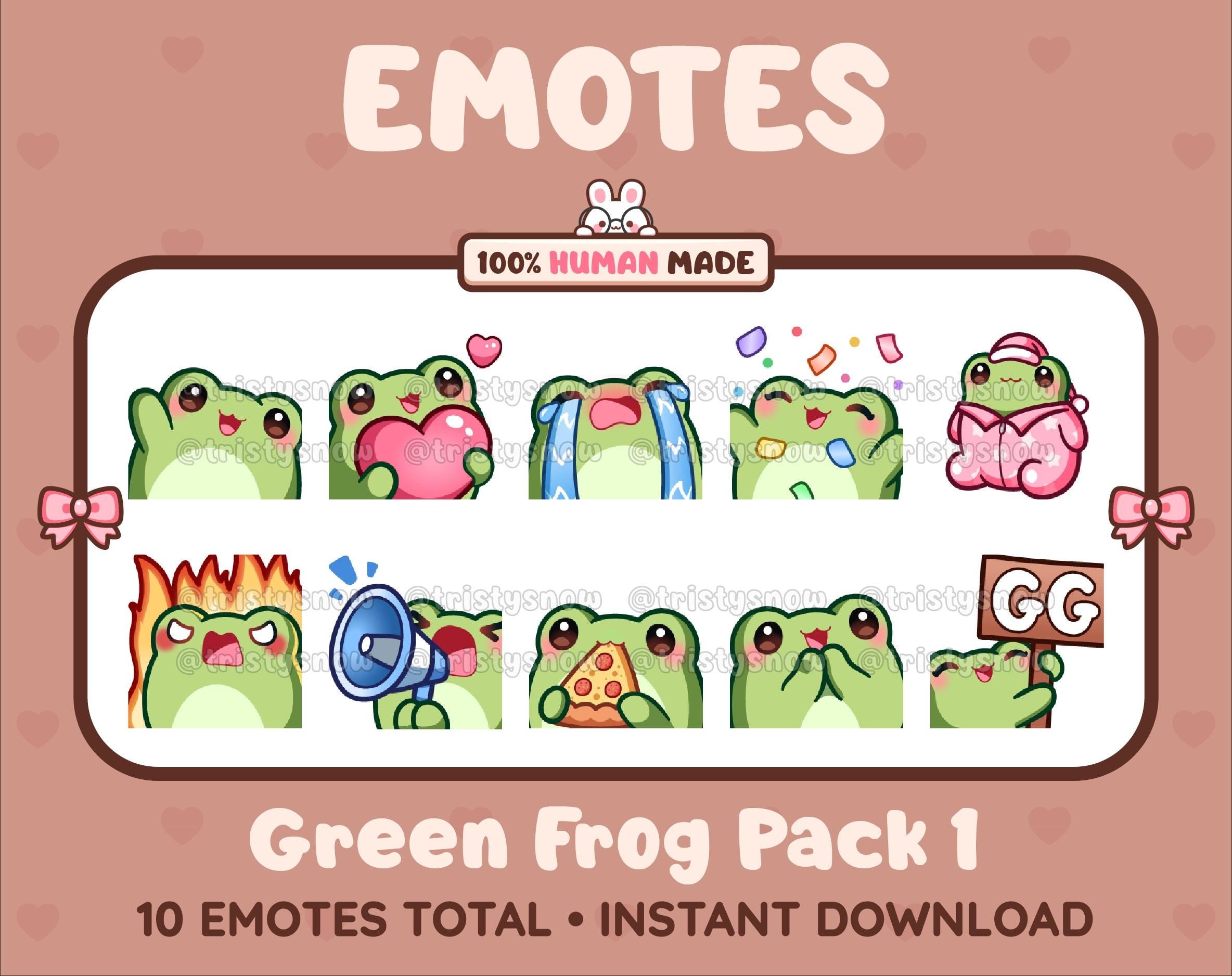 Frog Twitch emote pack featuring 10 emotes including GG, angry, cry, and hype.