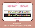 Frog Twitch emote pack preview displaying all 10 emotes with format and size information.