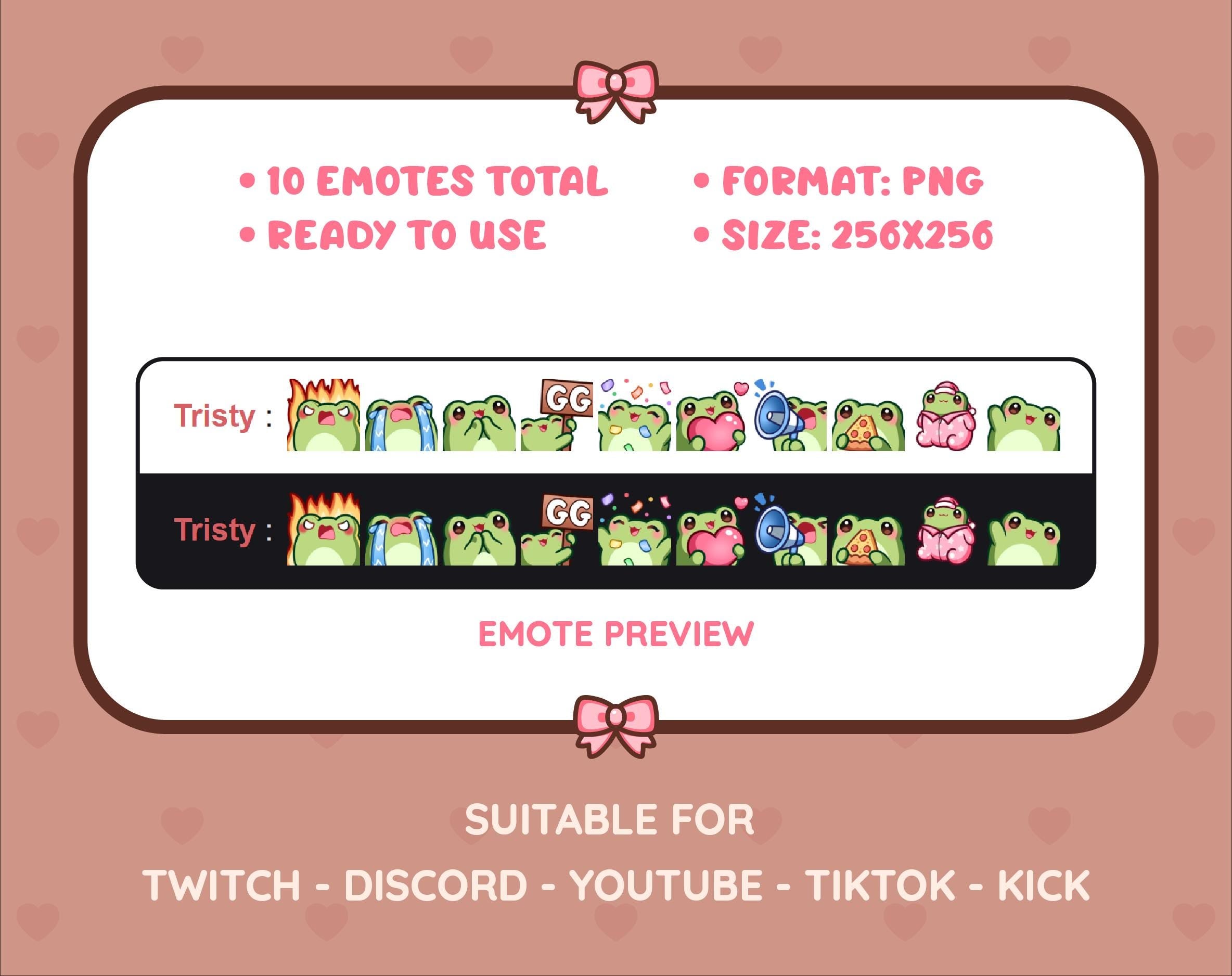 Frog Twitch emote pack preview displaying all 10 emotes with format and size information.