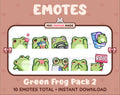 Frog Twitch emote pack featuring 10 emotes including kiss, facepalm, shy, and raid.