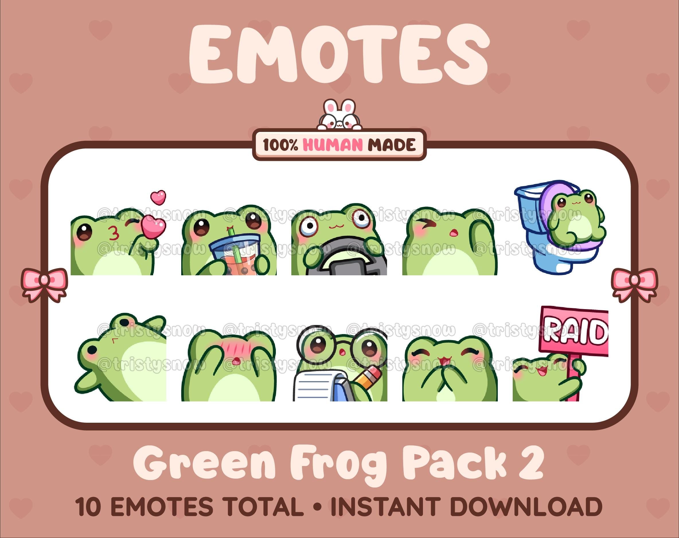 Frog Twitch emote pack featuring 10 emotes including kiss, facepalm, shy, and raid.