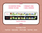 Frog Twitch emote pack preview displaying all 10 emotes with format and size information.