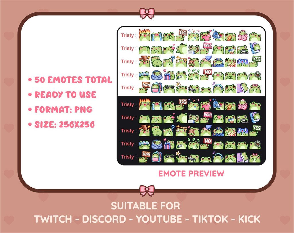 Frog Twitch emote mega pack preview displaying all 50 emotes with format and size information.