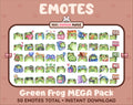Frog Twitch emote mega pack featuring 50 emotes including hype, kiss, raid, and lurk.