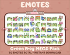 Frog Twitch emote mega pack featuring 50 emotes including hype, kiss, raid, and lurk.