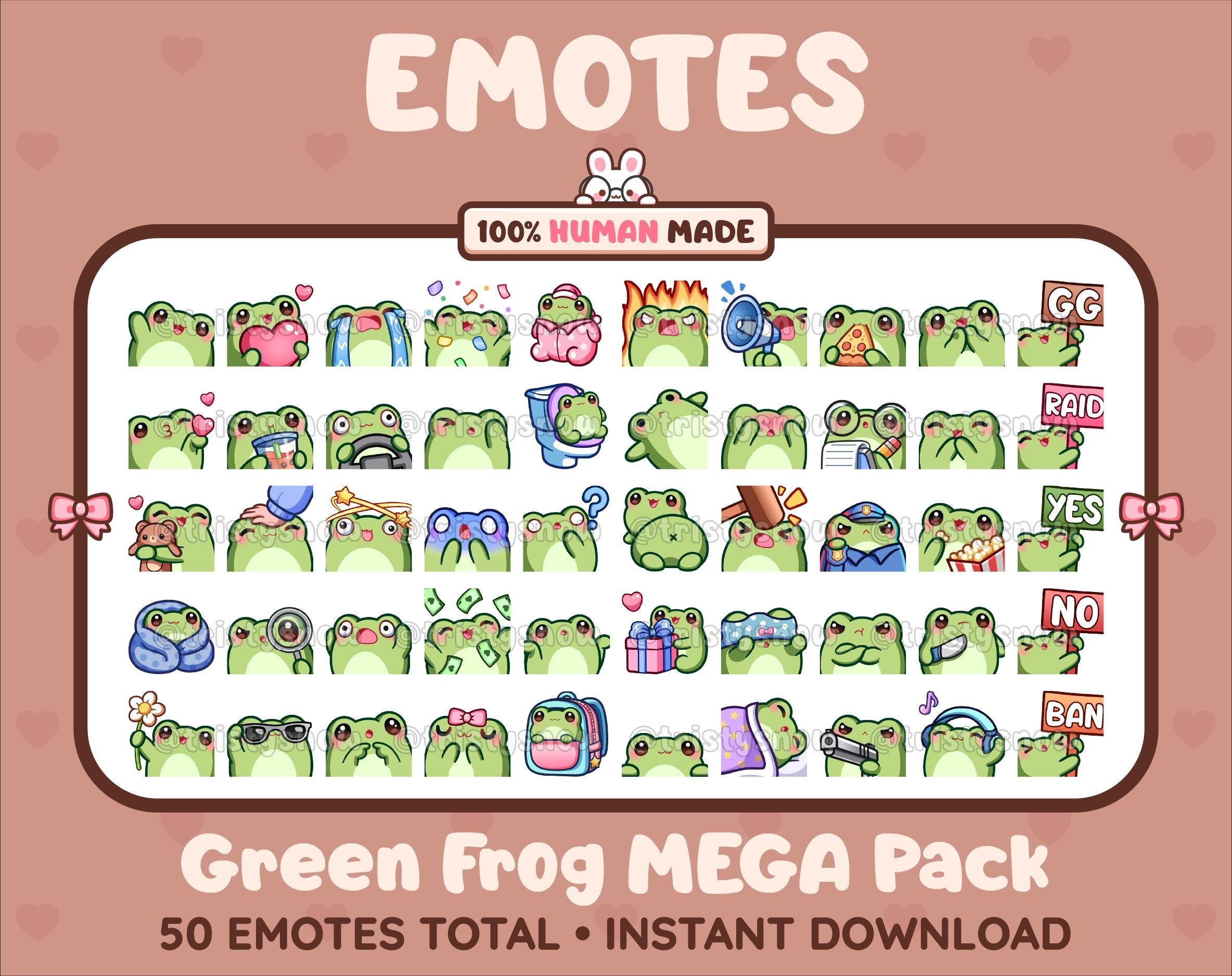 Frog Twitch emote mega pack featuring 50 emotes including hype, kiss, raid, and lurk.