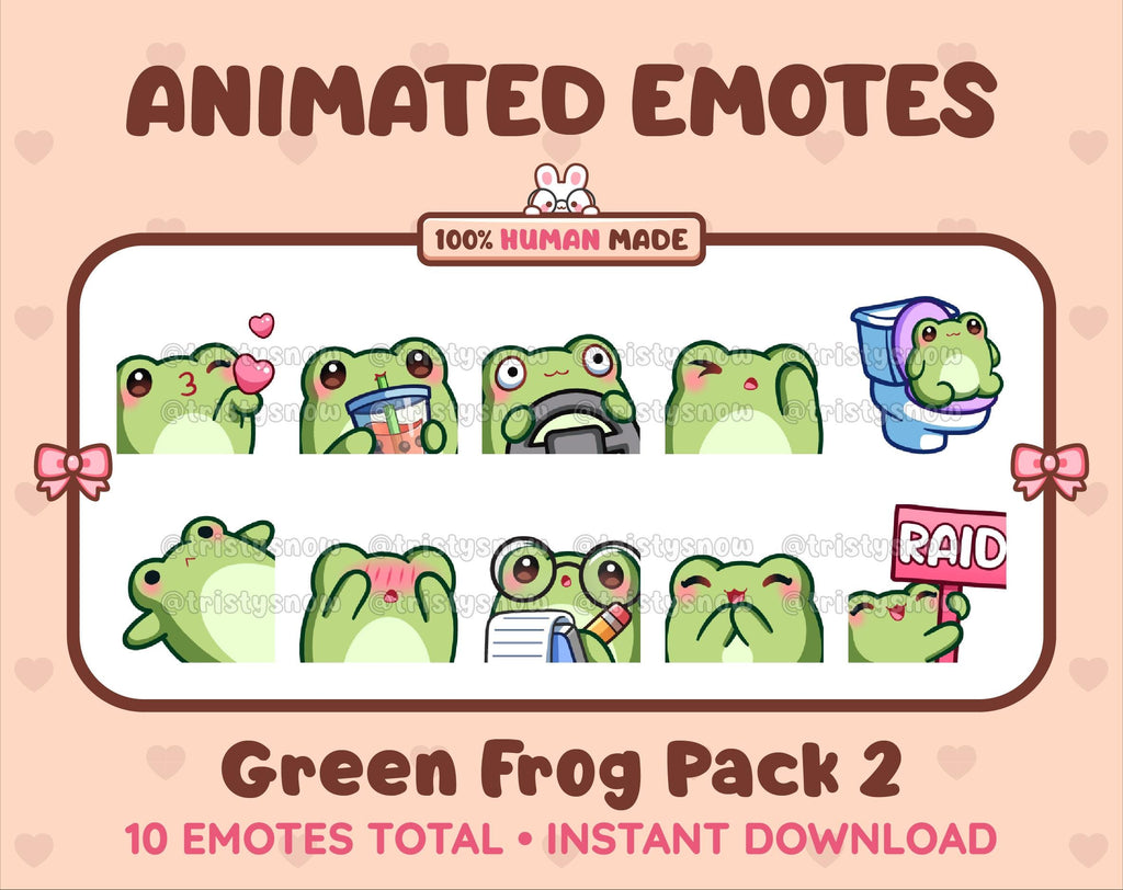 Frog animated Twitch emote pack featuring 10 emotes including kiss, facepalm, shy, and raid.