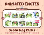 Frog animated Twitch emote pack featuring 10 emotes including kiss, facepalm, shy, and raid.