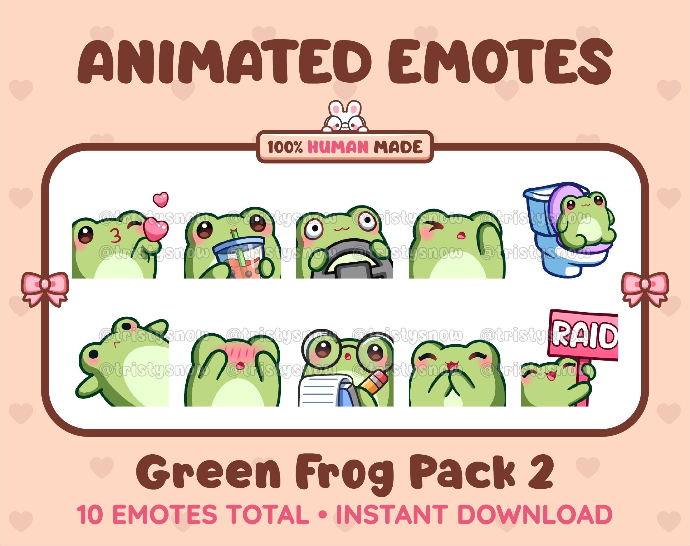 Frog animated Twitch emote pack featuring 10 emotes including kiss, facepalm, shy, and raid.