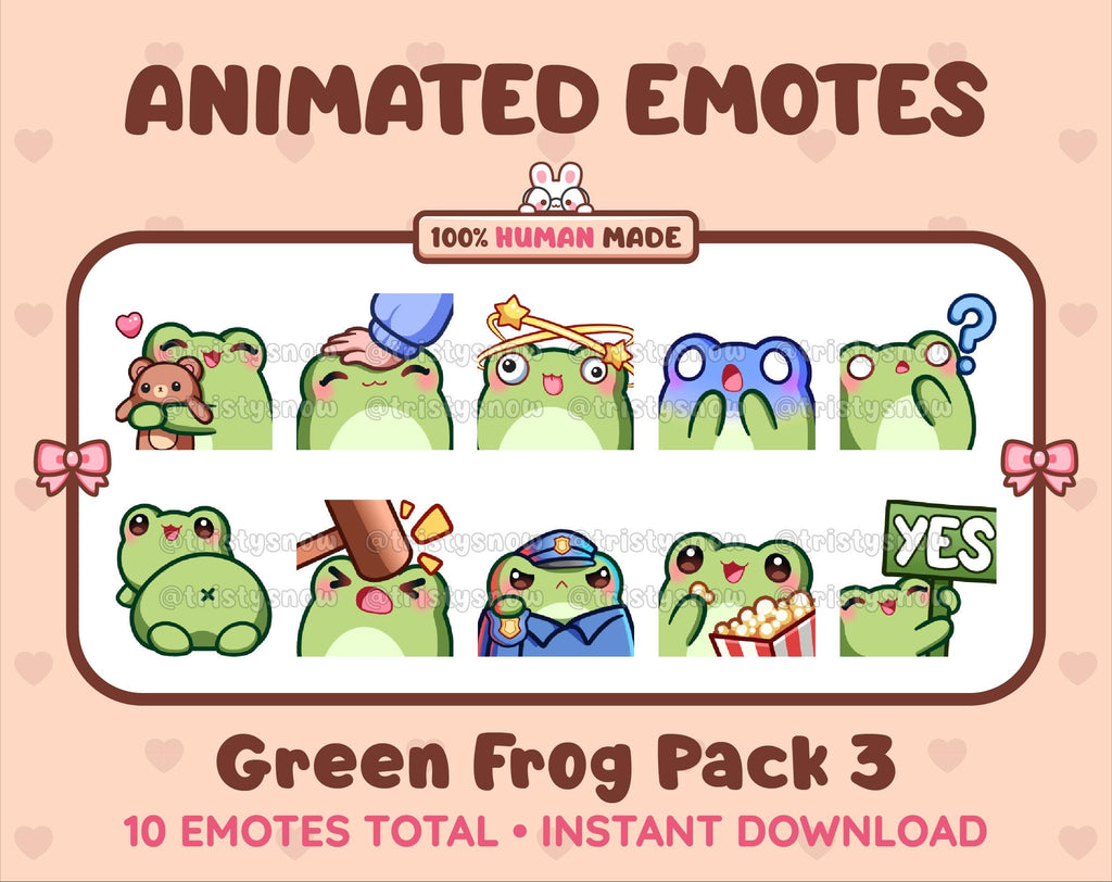 Frog animated Twitch emote pack featuring 10 emotes including hug, scared, bonk, and popcorn.