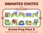 Frog animated Twitch emote pack featuring 10 emotes including hug, scared, bonk, and popcorn.