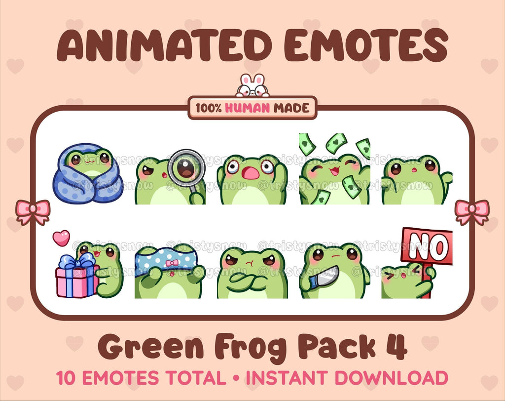 Frog animated Twitch emote pack featuring 10 emotes including cozy, sus, panic, and shrug.