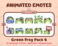 Frog animated Twitch emote pack featuring 10 emotes including cozy, sus, panic, and shrug.