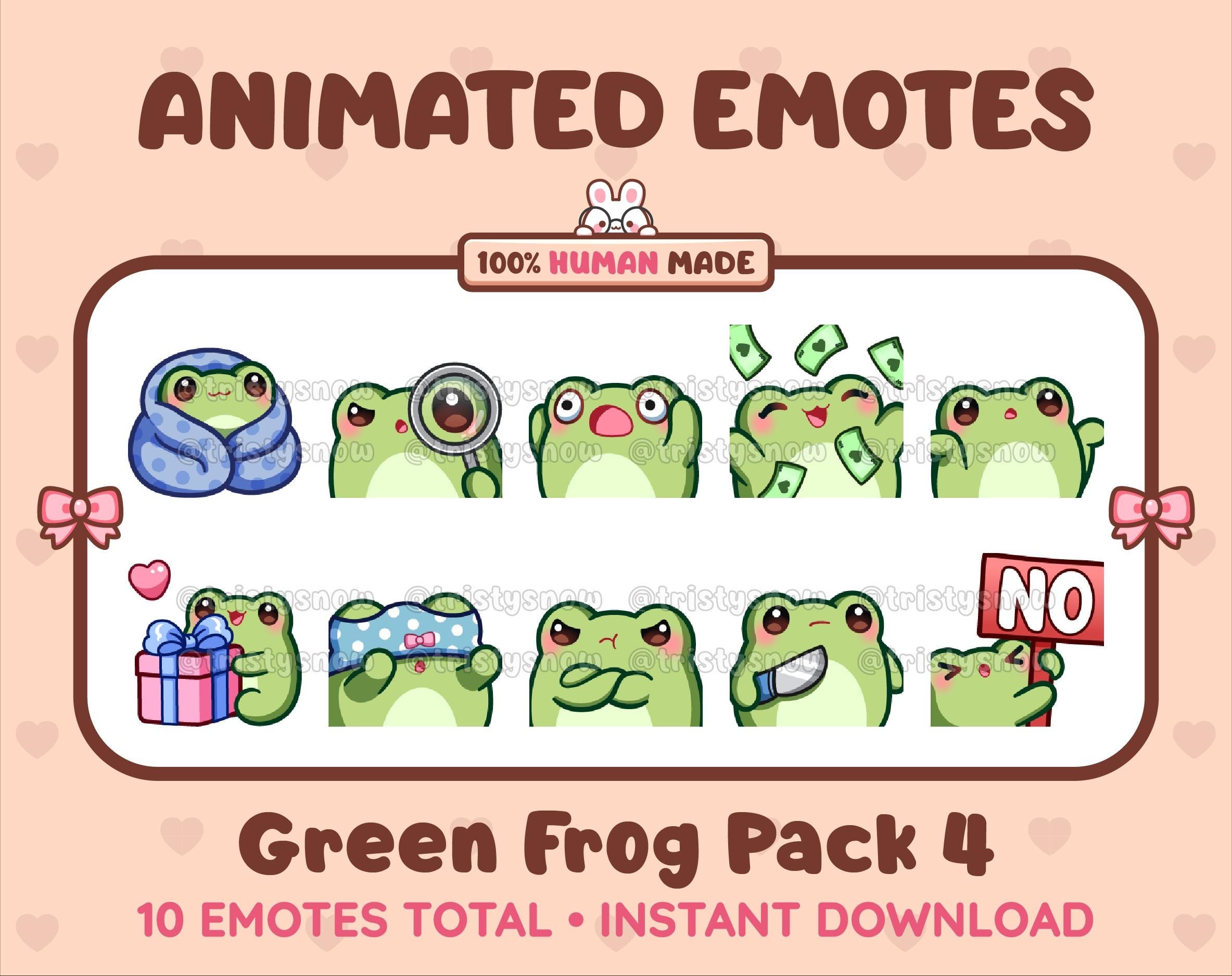 Frog animated Twitch emote pack featuring 10 emotes including cozy, sus, panic, and shrug.