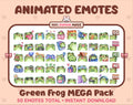 Frog animated Twitch emote mega pack featuring 50 emotes including hype, kiss, raid, and lurk.