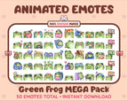 Frog animated Twitch emote mega pack featuring 50 emotes including hype, kiss, raid, and lurk.