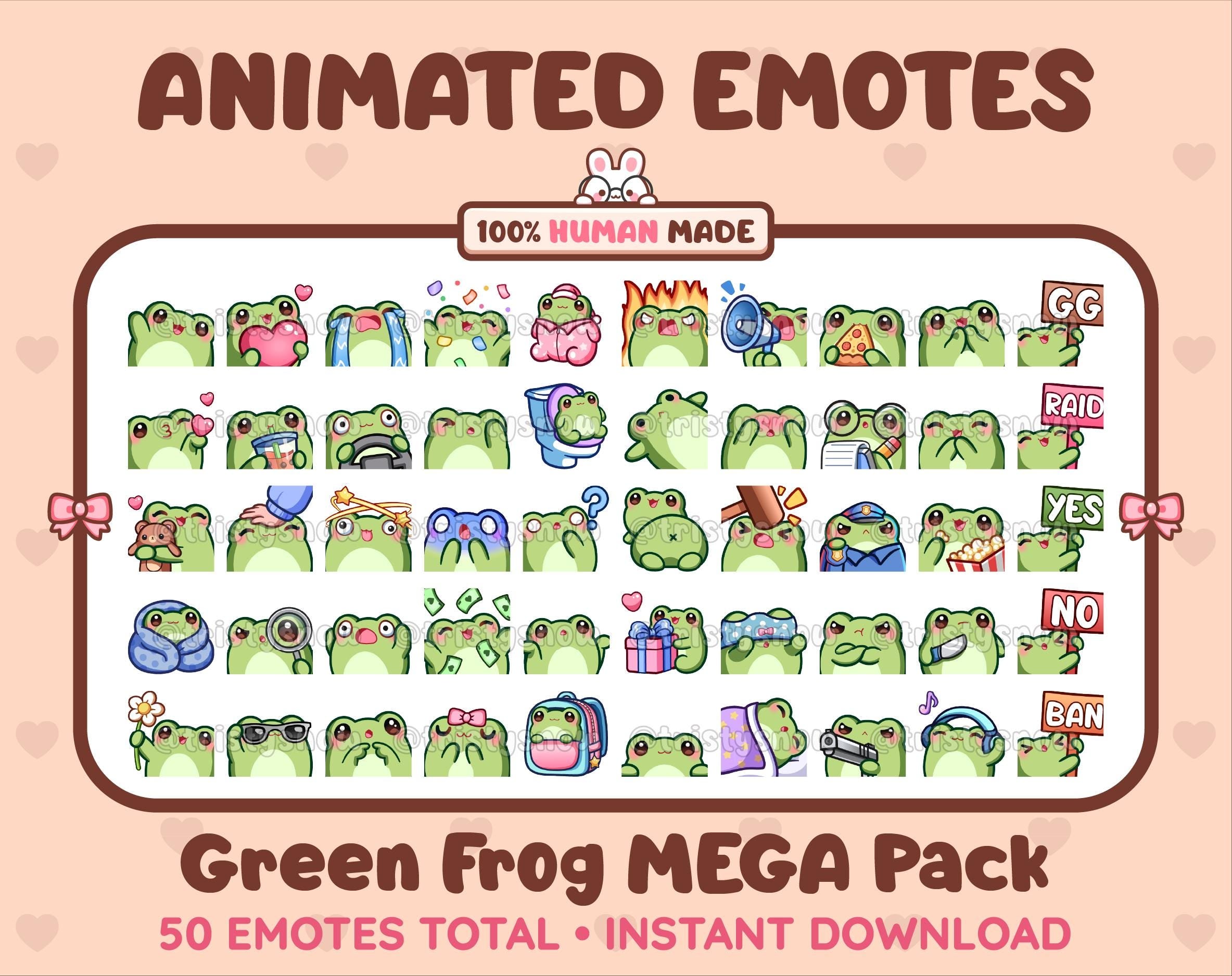 Frog animated Twitch emote mega pack featuring 50 emotes including hype, kiss, raid, and lurk.