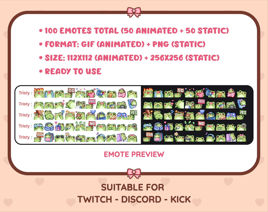 Frog animated Twitch emote mega pack preview displaying all 50 emotes with format and size information.