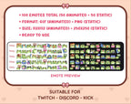 Frog animated Twitch emote mega pack preview displaying all 50 emotes with format and size information.