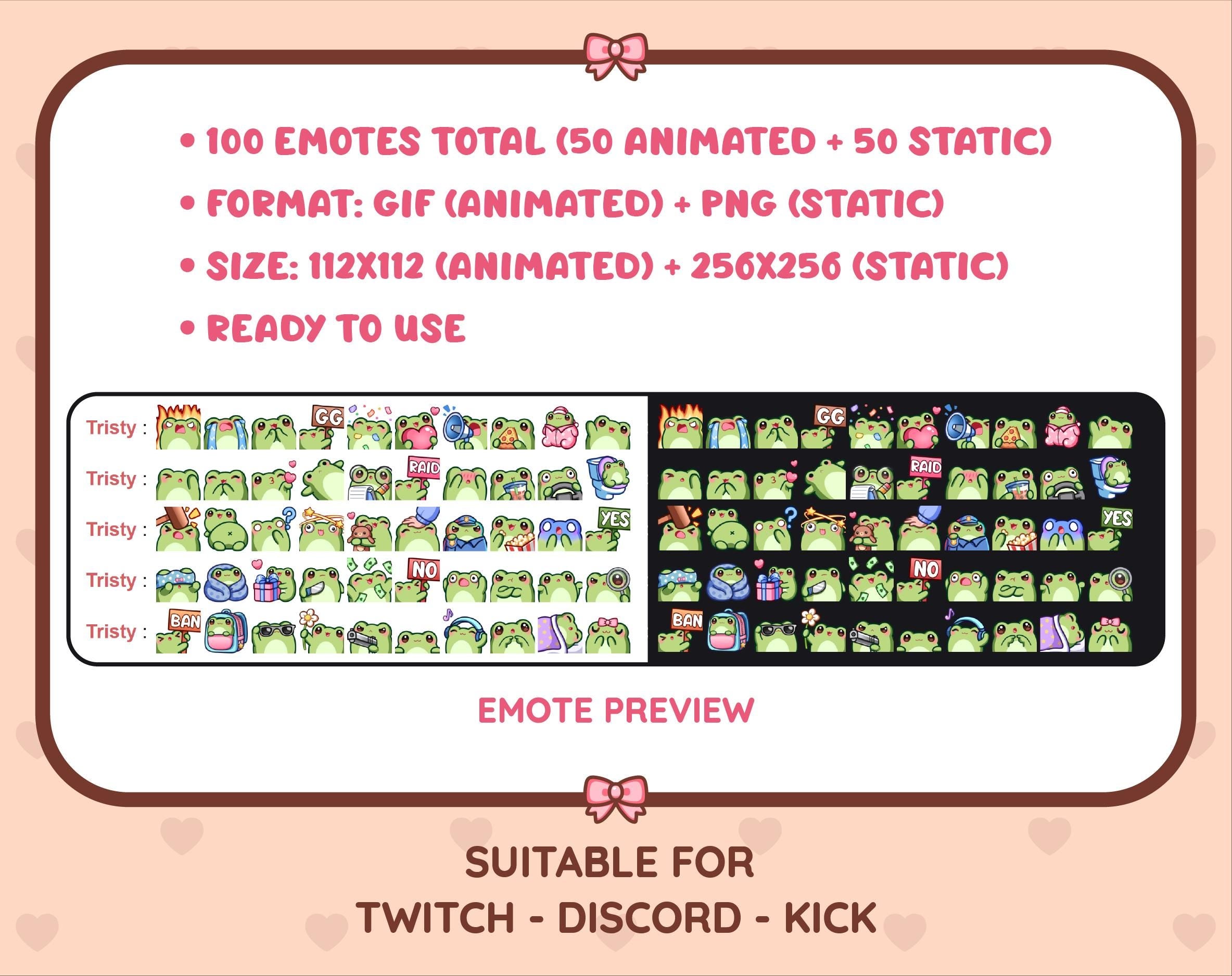 Frog animated Twitch emote mega pack preview displaying all 50 emotes with format and size information.