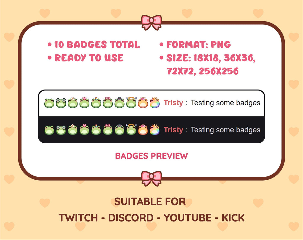 Green Frog Twitch sub badge pack preview displaying all 10 subscriber badges with format and size information.