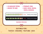 Green Frog Twitch sub badge pack preview displaying all 10 subscriber badges with format and size information.