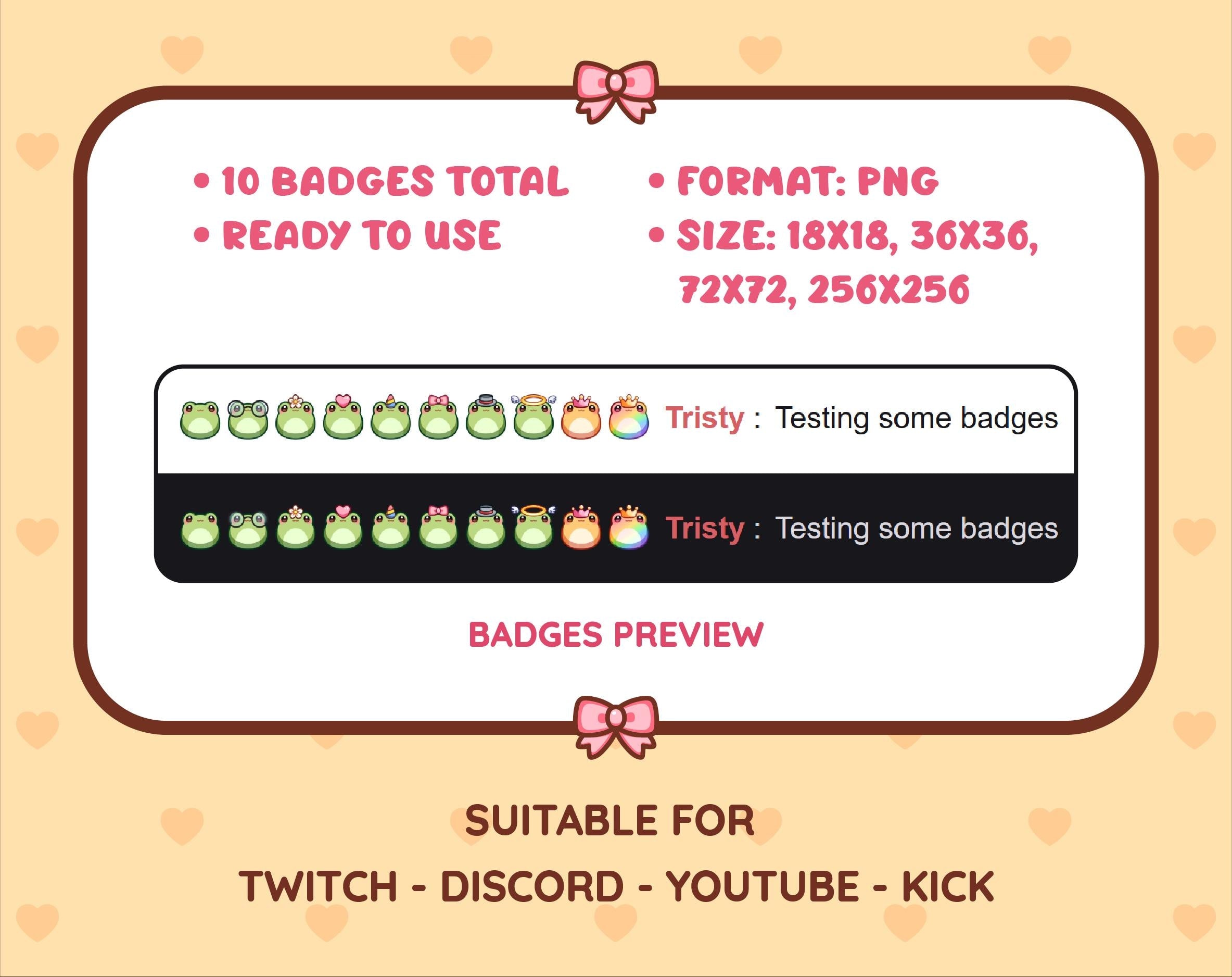 Green Frog Twitch sub badge pack preview displaying all 10 subscriber badges with format and size information.