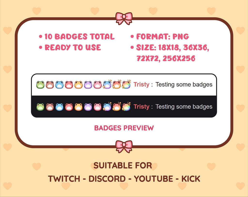 Frog Twitch sub badge pack preview displaying all 10 subscriber badges with format and size information.