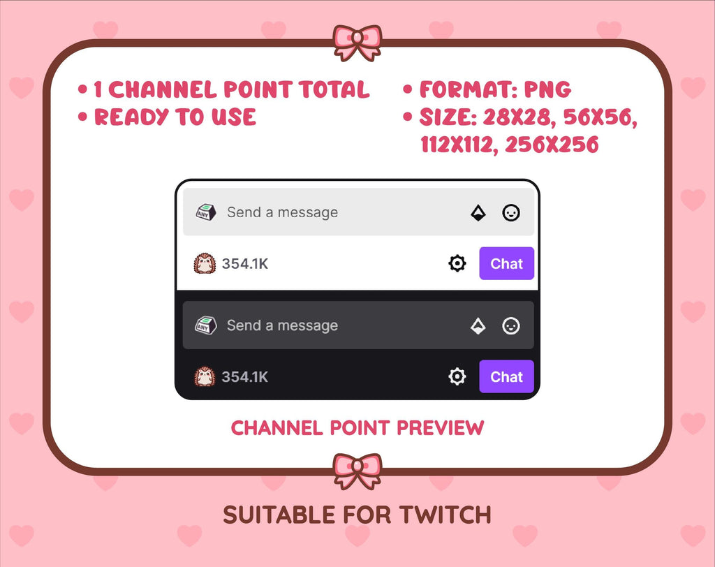 Hedgehog Twitch channel point icon preview with format and size information.