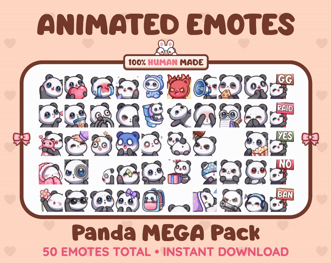Panda Bear animated Twitch emote mega pack GIF preview showing all 50 emote animations.
