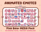 Pink Bear animated Twitch emote mega pack GIF preview showing all 50 emote animations.