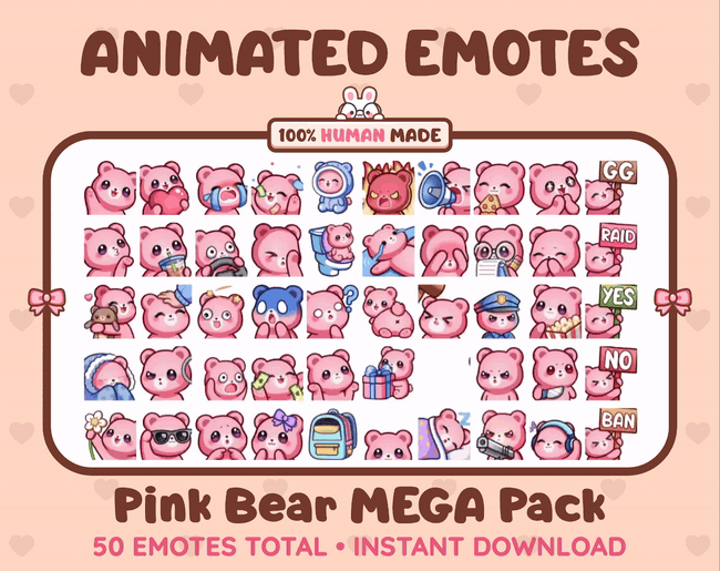 Pink Bear animated Twitch emote mega pack GIF preview showing all 50 emote animations.