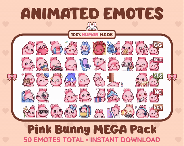Pink Bunny animated Twitch emote mega pack GIF preview showing all 50 emote animations.