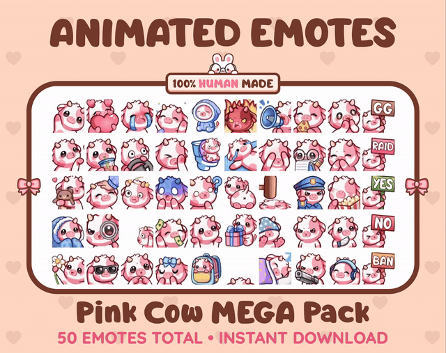 Pink Cow animated Twitch emote mega pack GIF preview showing all 50 emote animations.
