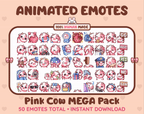 Pink Cow animated Twitch emote mega pack GIF preview showing all 50 emote animations.