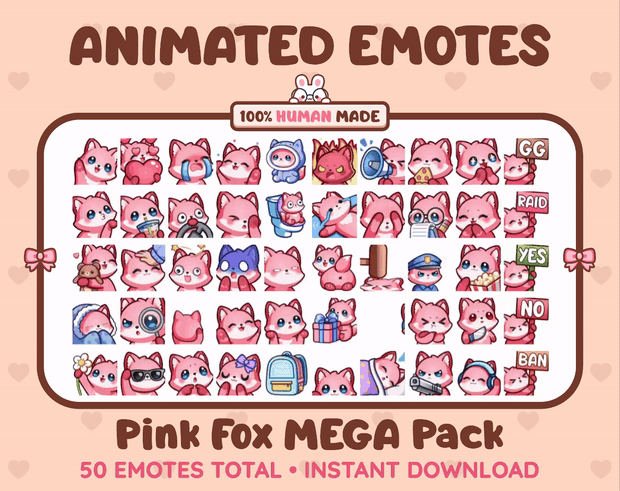 Pink Fox animated Twitch emote mega pack GIF preview showing all 50 emote animations.