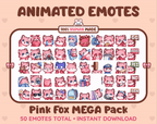 Pink Fox animated Twitch emote mega pack GIF preview showing all 50 emote animations.