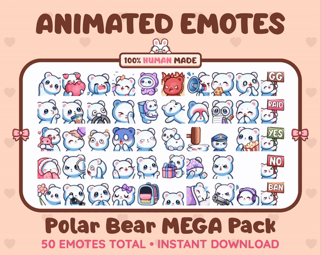 Polar Bear animated Twitch emote mega pack GIF preview showing all 50 emote animations.