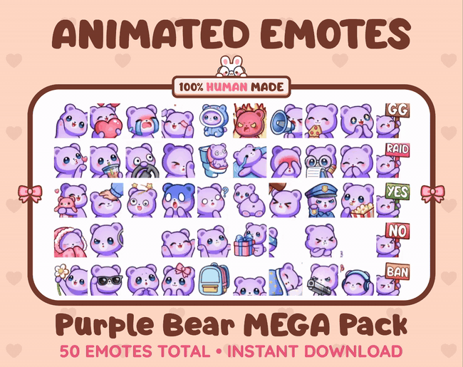 Purple Bear animated Twitch emote mega pack GIF preview showing all 50 emote animations.