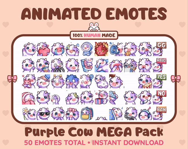 Purple Cow animated Twitch emote mega pack GIF preview showing all 50 emote animations.
